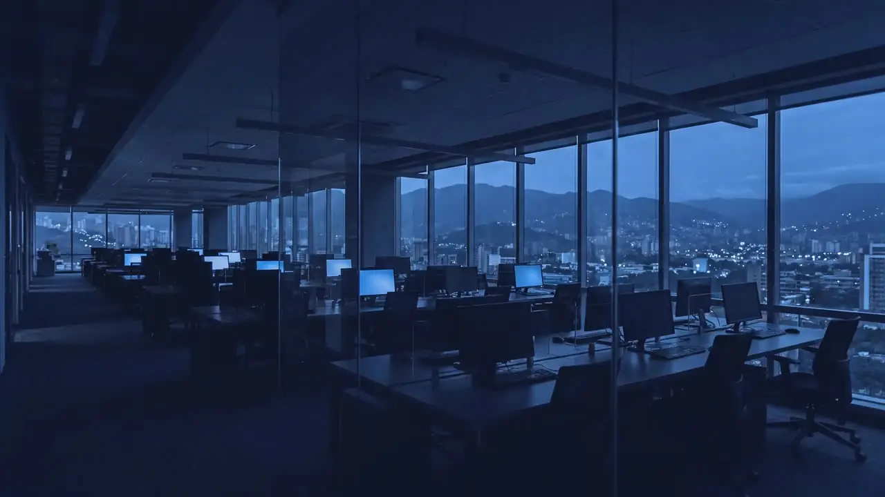 Oficina vacía al anochecer con los monitores todavía encendidos y el valle de Medellín al fondo